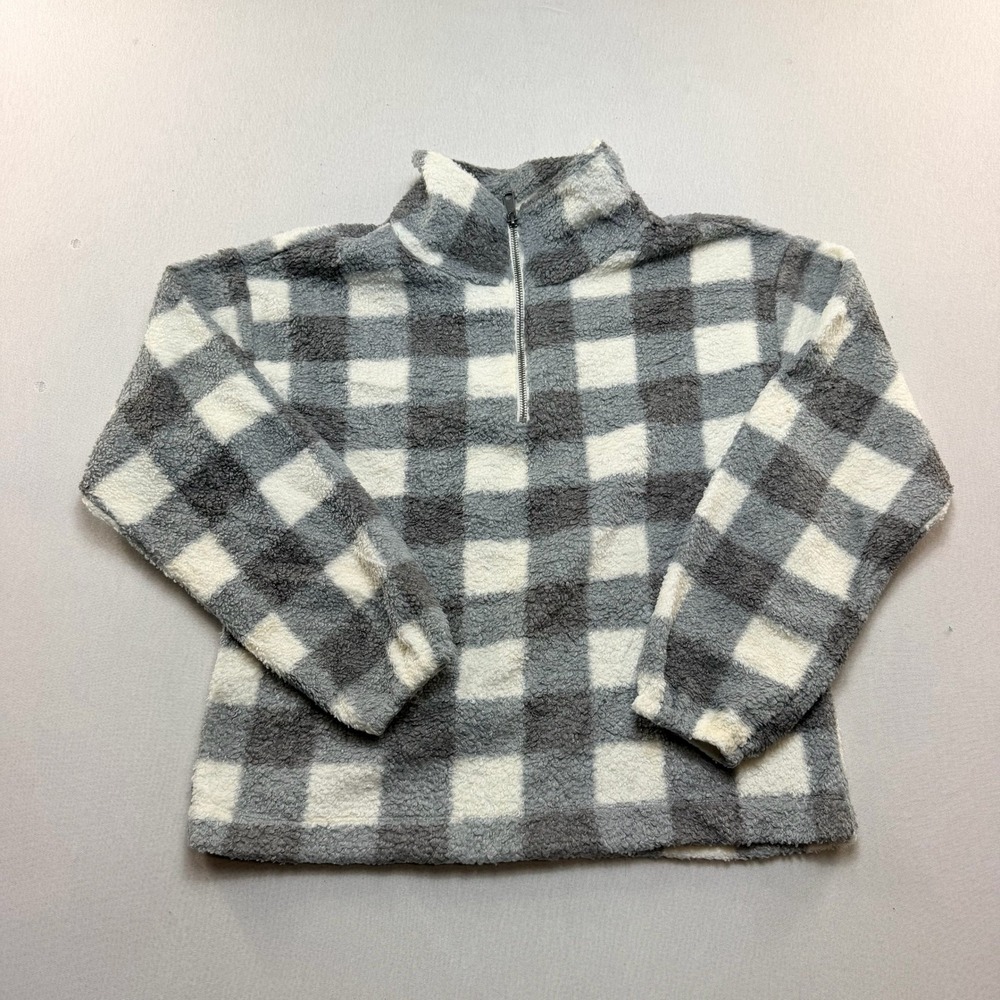 LOFT Sherpa Fleece Pullover Women Extra Small Grey Good Plaid Quarter Zip